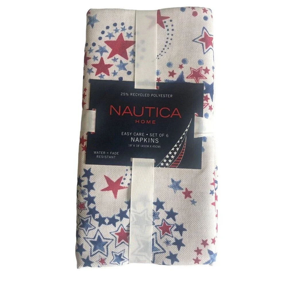 Nautica July 4th Fabric Cloth Napkins Set of 6 White with Red Blue Stars 18x18